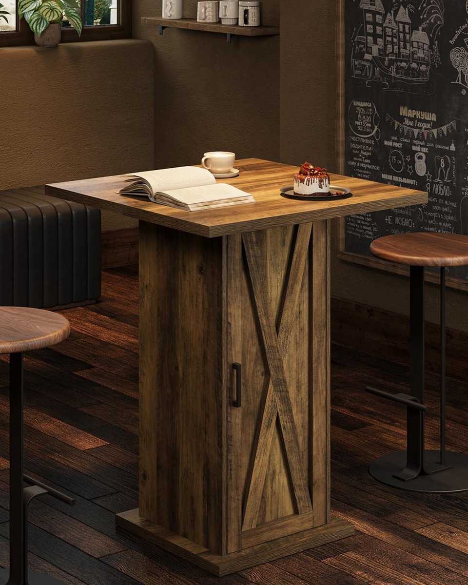 Tribesigns Bartafel met Opbergkast - 80 x 80 x 100 cm - Vierkante Hoge Pubtafel - Houten Bistrotafel/cocktailtafel - Landelijke Stijl - Rustiek Bruin