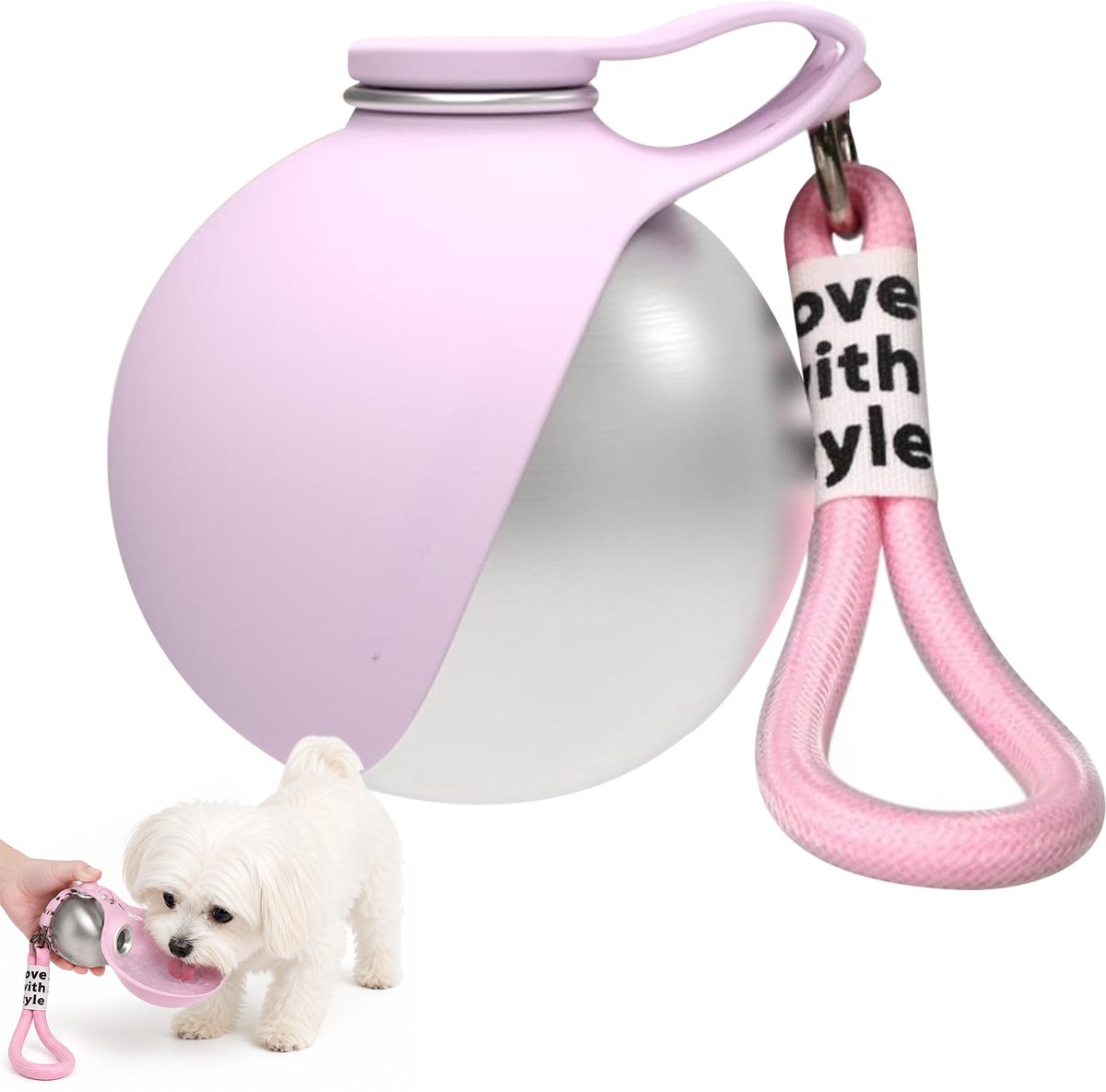 Drinkfles voor Huisdieren - Draagbare Drinkfles - RVS - Lekvrij - Met Haak - Opvouwbare Kom - Karabijnhaak - 285ml - Voor Honden & Katten - Roze