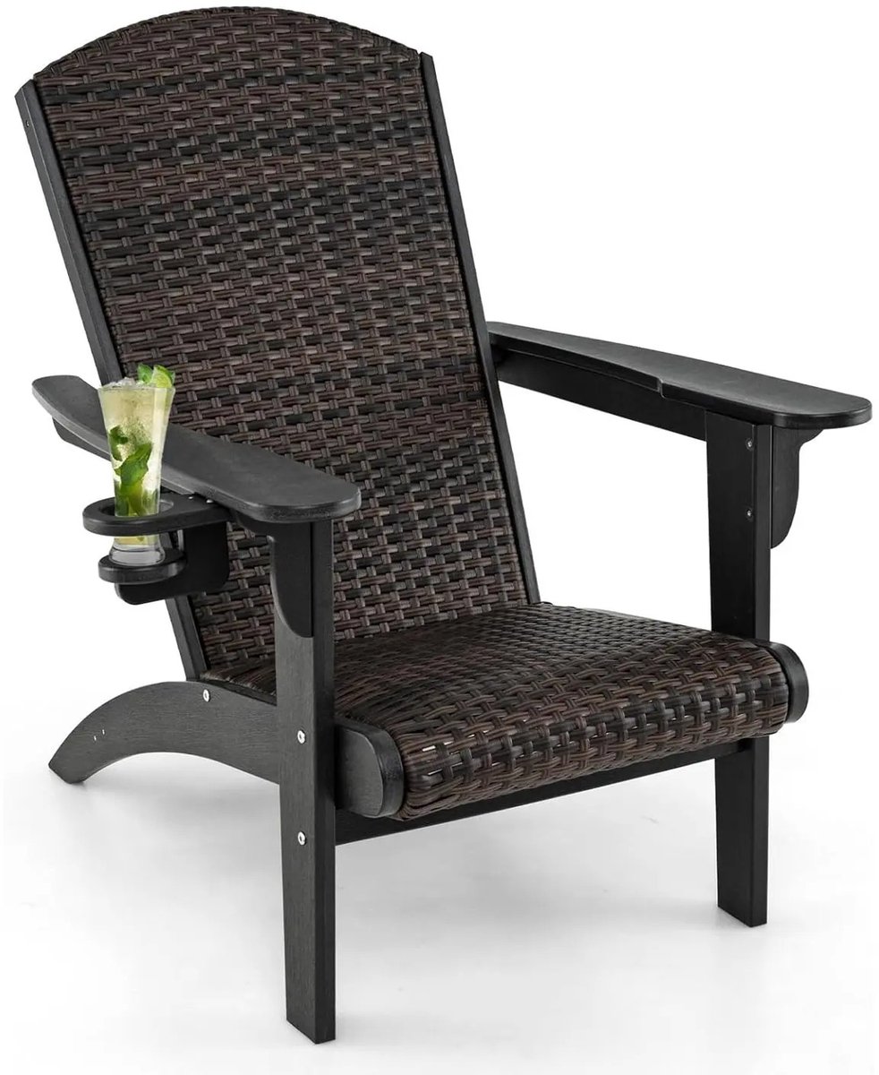 RosaBloom Adirondack Stoel met bekerhouder - Tuinstoel met gewatteerde zitting en hoge rugleuning - Loungetoel outdoor - Weerbestendig - Zwart