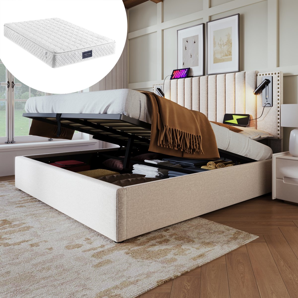DESMIU Gestoffeerd Bed 160x200 cm Met Verstelbaar Hoofdbord, Leeslamp En Oplaadpoorten, Bed Met Opbergruimte Voor Slaapkamer, Beige, Met Matras