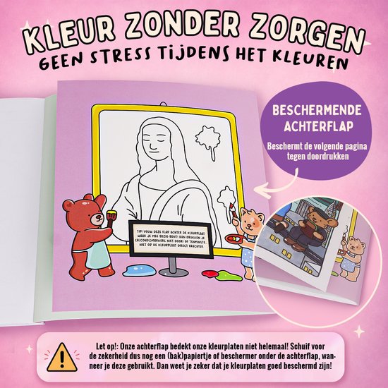 Kleurboek met een beschermende achterflap. Een beer kleurt de Mona Lisa, een andere beer met pyjama staat naast een opklapbaar schilderij.