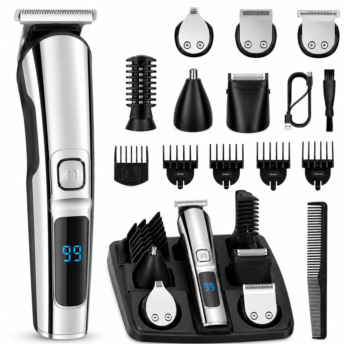 Gloovon® Tondeuse & Baardtrimmer - 6 in 1 Multigroomer Set - Draadloos & LED Display - Incl. Neustrimmer & Docking Station - Zilver