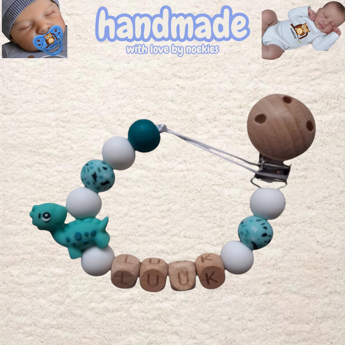 noekies naam speenkoord dino turquoise wit Kraamcadeau - Speenketting - Babycadeau - Babyshower nr 14