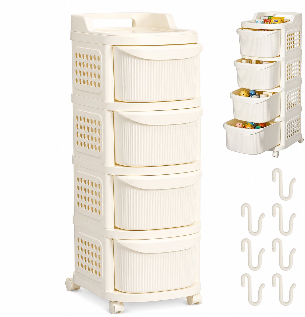 Lemonbest Rollende Ladekast Met 4 Lades - 38 x 30 x 86 cm - Opbergwagen Met 7 Haken En Wielen Voor Badkamer Keuken Kantoor - Crème Wit