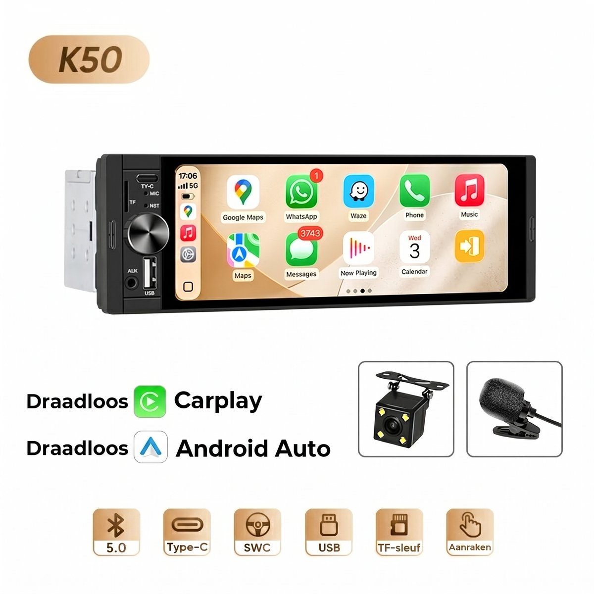 NordHaus 1 Din Autoradio Touchscreen - MP5 Multimedia Speler - Wireless CarPlay & Android Auto - K50 Wireless+MIC+CAM - 6,2 inch Zwart