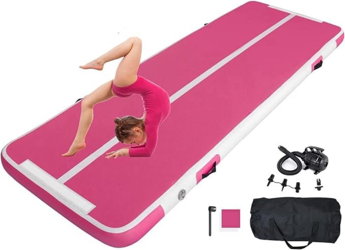 Gymnastics Mat - Turnmat - Opblaasbare Turnmat - Dikte 10 CM - Voor Thuis - Training - Tumbling - Yoga - Buiten - Fitness - Roze - 300 x 100 CM