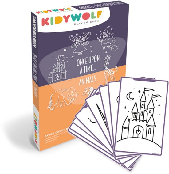 Boîte Kidywolf KidyDraw Mini avec illustrations d'un éléphant, d'une girafe et d'un château. Le titre 'Once Upon a Time... Animals' y est inscrit.
