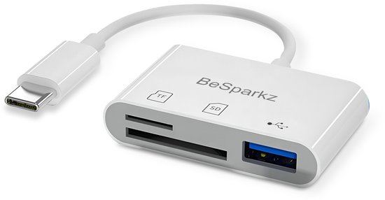 Witte BeSparkz SD-kaartlezer met TF- en SD-kaartsleuven en USB-poort.