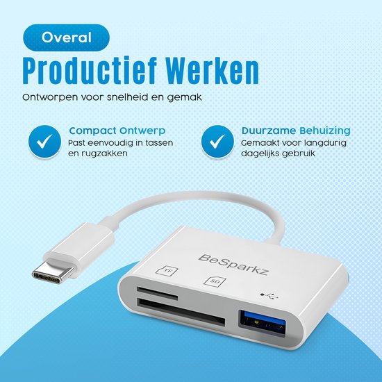 Witte BeSparkz SD-kaartlezer met TF- en SD-kaartsleuven en USB-poort. "Productief Werken" in tekst.