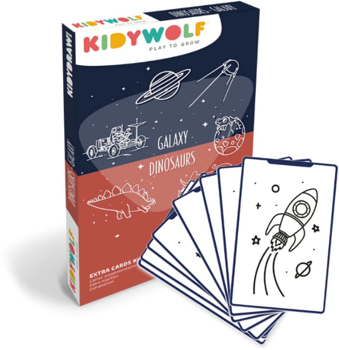 KIDYWOLF KIDYDRAW Mini Refill – Galaxy & Dinosaurussen – 60 Tekenkaarten
