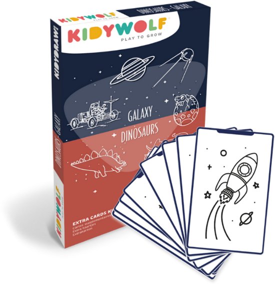 Doos met KIDYWOLF Galaxy & Dinosaurussen tekentafelkaarten, met dinosaurussen, raket, astronaut op maanwagen.