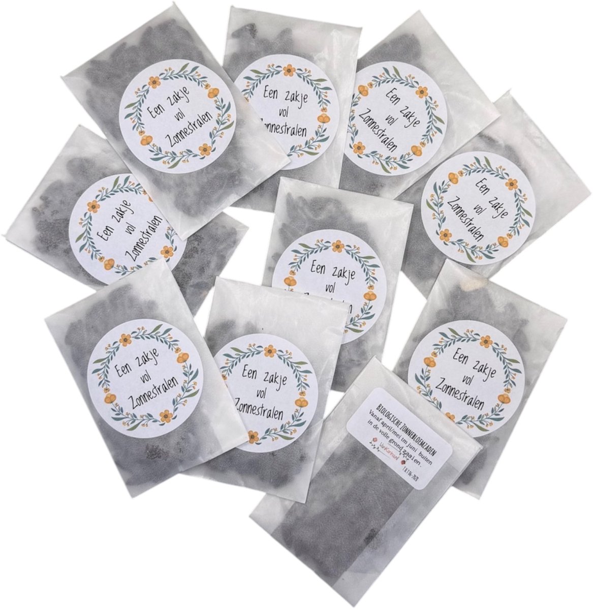10 stuks, een zakje vol zonnestralen, biologisch,zonnebloemen,uitdeel zadenzakje, weggeef zadenzakjes, bloemetje,attentie,bloemenzadenzakje,bloemzaad ,tuinkadootje,uitdeelkadootje,weggeef,kleine attentie,tot 2 euro,green gift,eco,eigen tekst,