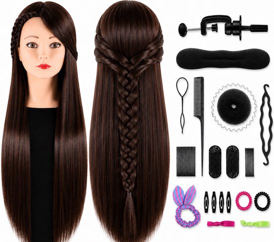 Oefenhoofd Kappershoofd met Statief Kaphoofd Kapperspop Kappers Pop - Oefenpop Kapper - Incl. Styling Accessoires - Kastanjebruin Haar - 70 cm