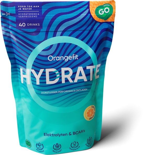 Orangefit Hydrate verpakking in blauw en turquoise met golvend patroon. "Hydraterend & Verfrissend", "40 Drinks", "Elektrolyten & BCAA's".