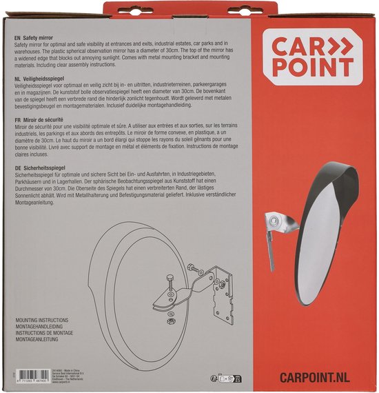 Emballage d'un miroir de sécurité Carpoint avec instructions et images du miroir.
