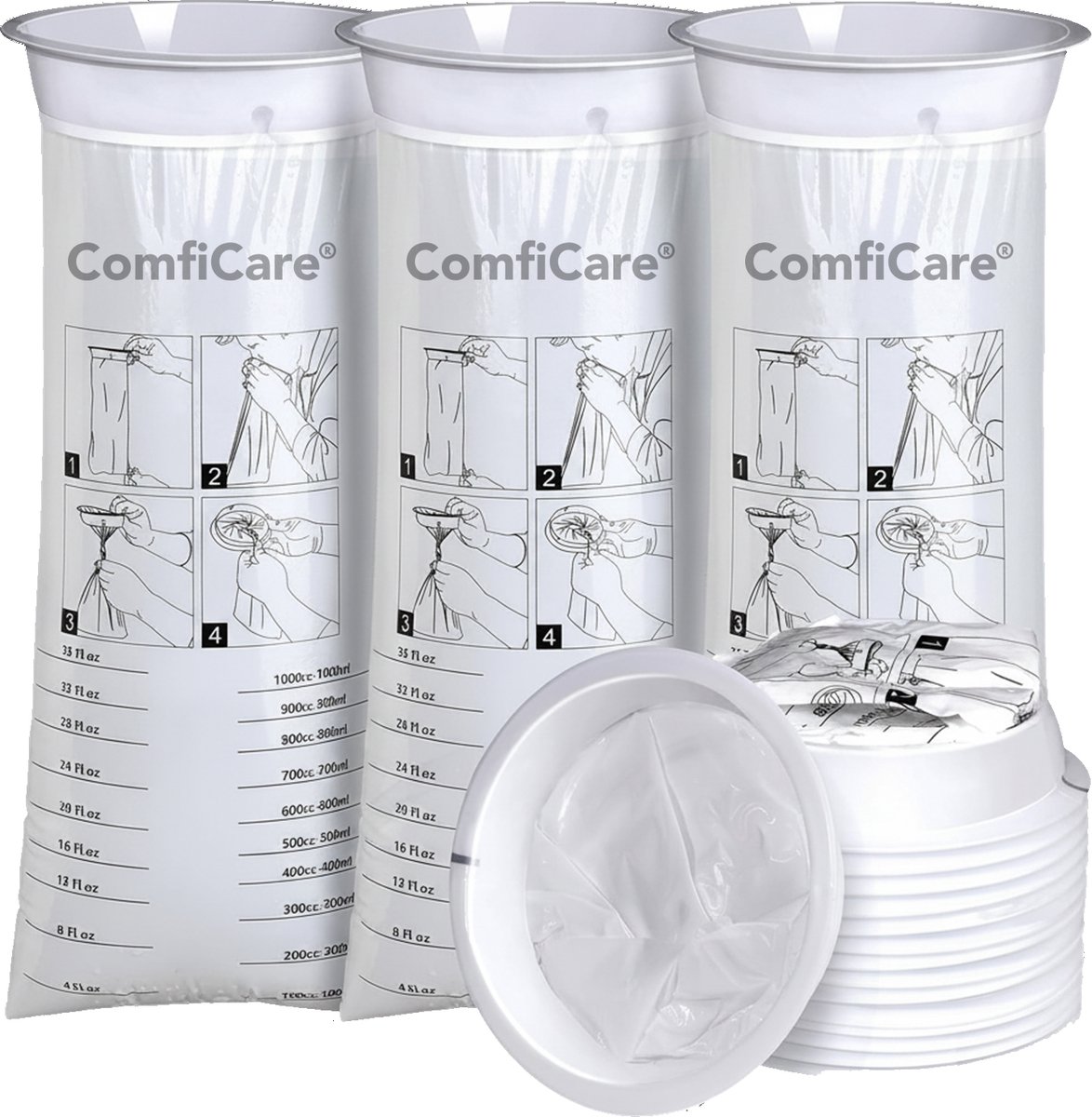 ComfiCare® Spuugzakjes 15 stuks - Braakzakjes - Kotszakjes - Spuugzakjes met ring - Spuugzakken 1L - Kotszakjes met ring - Spuutzak - Spuugzakjes onderweg - Overgeefzakjes - Met maataanduiding - Vomit bag 1000 ml -Wit