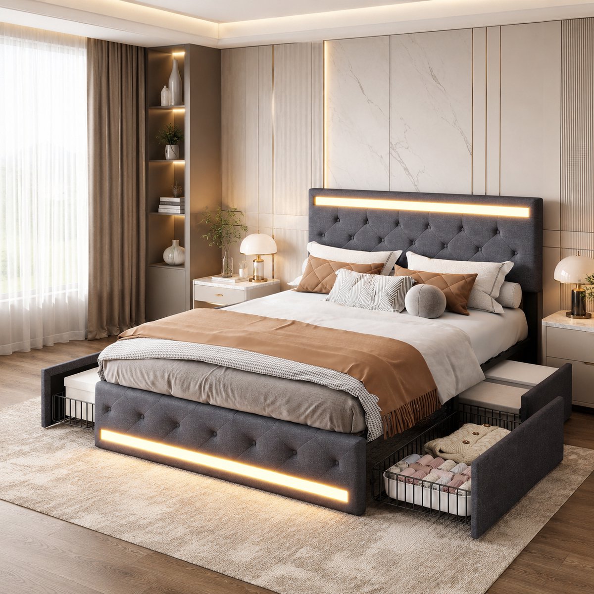 MEXUS Opbergbed 140x190 cm - Lattenbodem en 4 opberglades - Tweepersoonsbed met ledverlichting en usb-aansluiting - Verstelbaar gewatteerd hoofdbord - bedframe 140x190 - Linnen - Donkergrijs