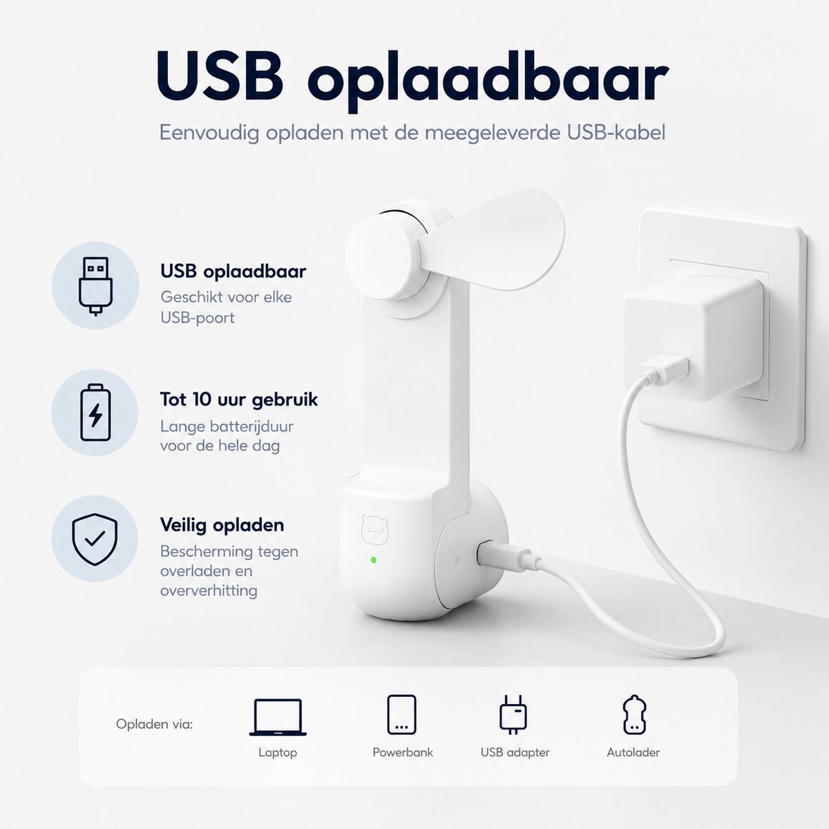 Handventilator oplaadbaar - Wit - 3 standen - Hand Ventilator usb - Mini Bureau Waaiers Gezichtsventilator - Portable fan opvliegers Mini ventilator usb Halsventilator - Draagbare ventilator — afbeelding 8