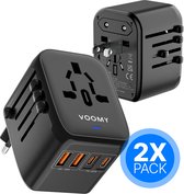 Voomy Universele Wereldstekker - 2x Pack - 200+ landen - 2 USB-C & 2 USB-A Poorten - 20W Snellader - Reisstekker Wereld: Amerika (USA), Engeland (UK), Australie, Zuid Amerika, Afrika, Italie, Thailand - Zwart