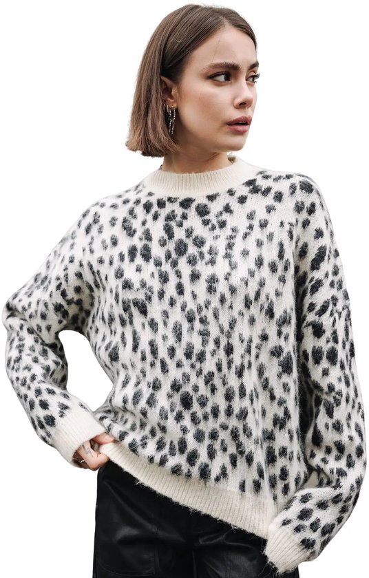 Model draagt een crème trui met zwart luipaardpatroon, ronde hals en lange mouwen, geïsoleerd op een witte achtergrond.
