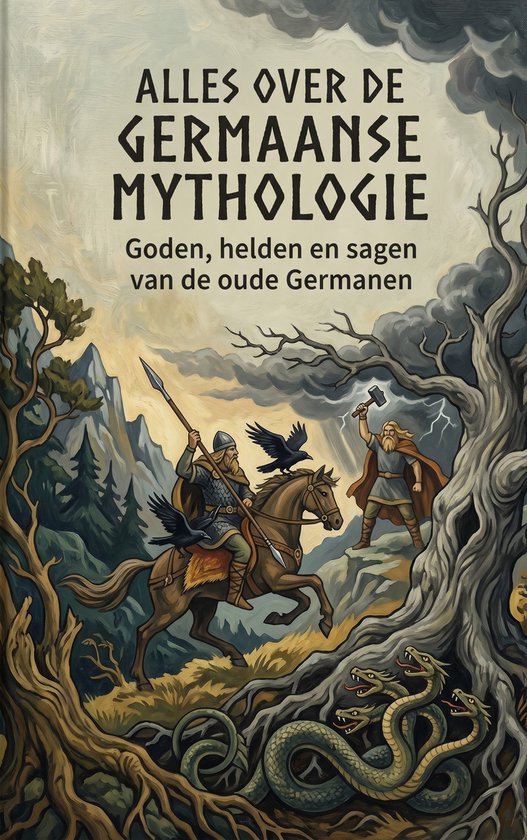 Boekomslag met de titel 'Alles over de Germaanse mythologie'. Een krijger te paard en een man met hamer, omlijst door een boom en slangen.