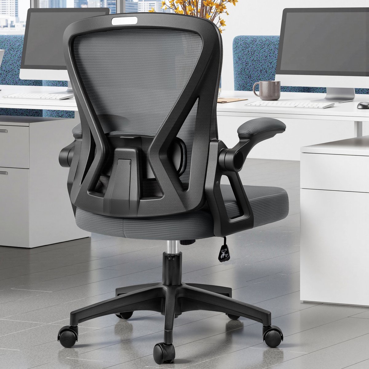 FelixKing Ergonomische Bureaustoel met Middelhoge Rugleuning, Verstelbare Lendensteun, Opklapbare Armleuningen, Wielen, Draaifunctie, Ademend Mesh