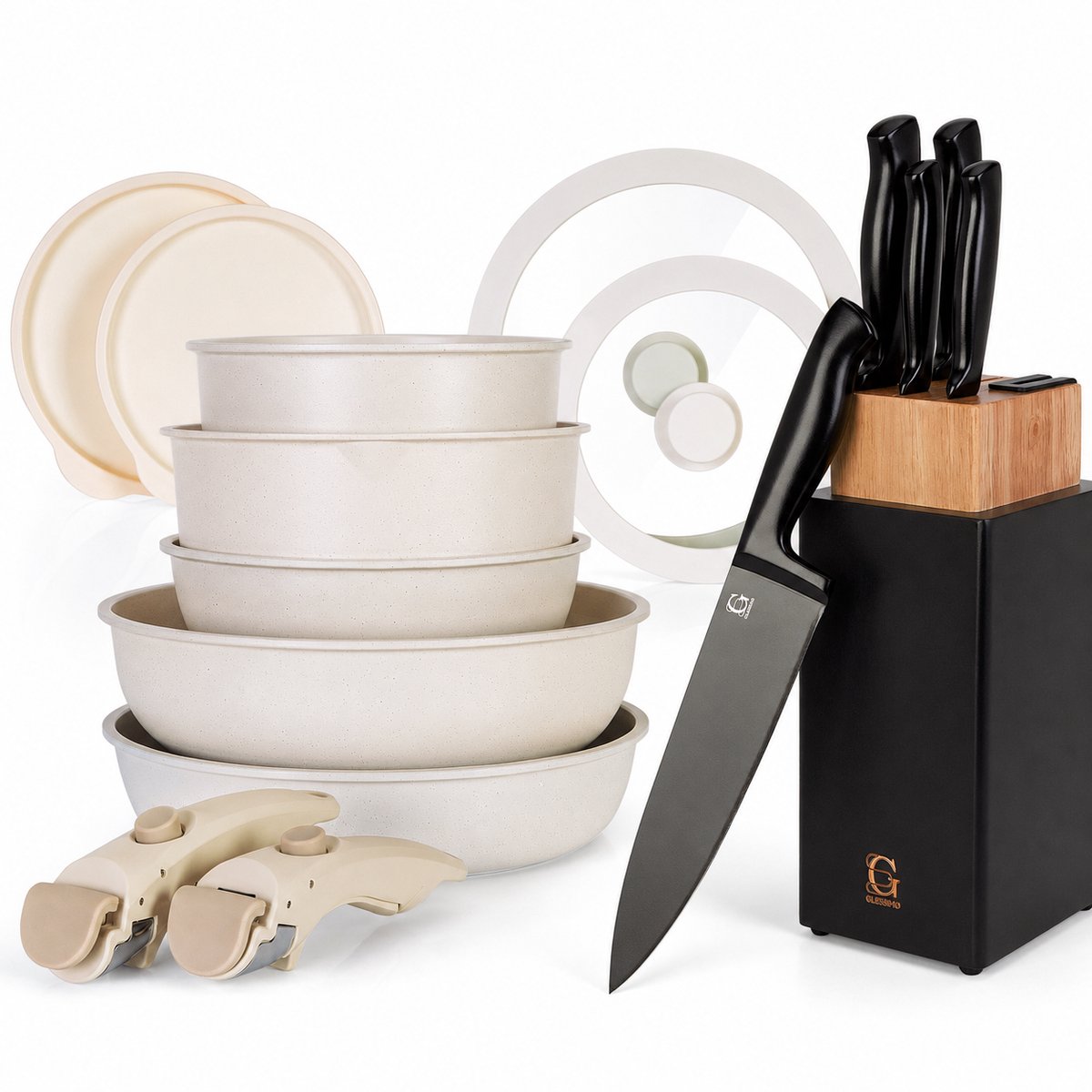 Glissimo Cookware 21-Delige Keramische Pannenset met Messenset en Messenblok – Afneembare Handgreep – Non-stick Pannenset – PFAS Vrij – BPA Vrij – Geschikt voor Alle Warmtebronnen – Magnetisch Messenblok met Messenslijper – RVS Koksmessen