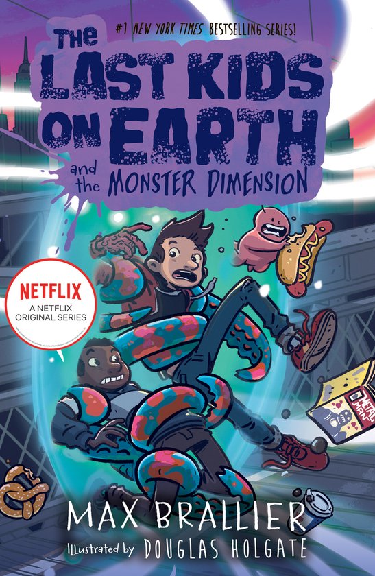 Boekomslag van "The Last Kids on Earth and the Monster Dimension" met Jack Sullivan en zijn vrienden die vechten tegen monsters.