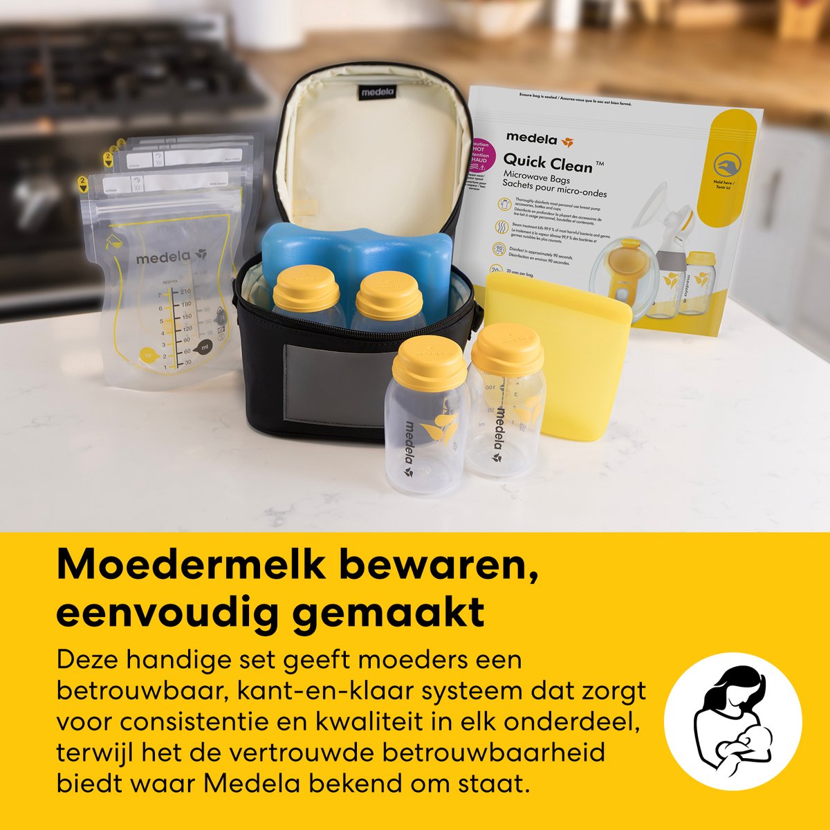 Medela Alles-in-één moedermelkbewaarset met 150 ml Flesjes, Moedermelkbewaarzakjes met schenktuit & Herbruikbare bewaarzakjes, Quick Clean magnetronsterilisatiezakje en Koeltas met gevormd koelelement. thumbnail 3
