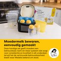 Overzicht van de Medela set voor het bewaren van moedermelk, met flesjes, bewaarzakjes, sterilisatiezakjes, koeltas en koelelementen.