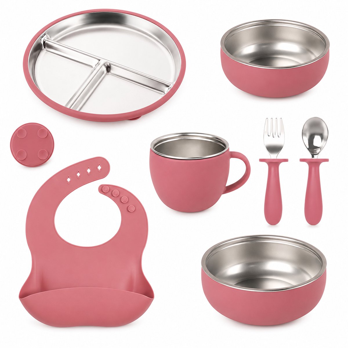 Beyahl - Kinderservies Set 7-delig RVS Roze - BPA-vrij Baby Servies met Siliconen Zuignap - Bord met 3 Vakken, Beker, 2 Kommen, Slab en Bestek - Antislip, Vaatwasserbestendig