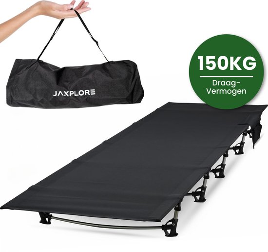 Lit de camp noir Jaxplore, sac de transport inclus. Texte '150KG Draagvermogen' visible.
