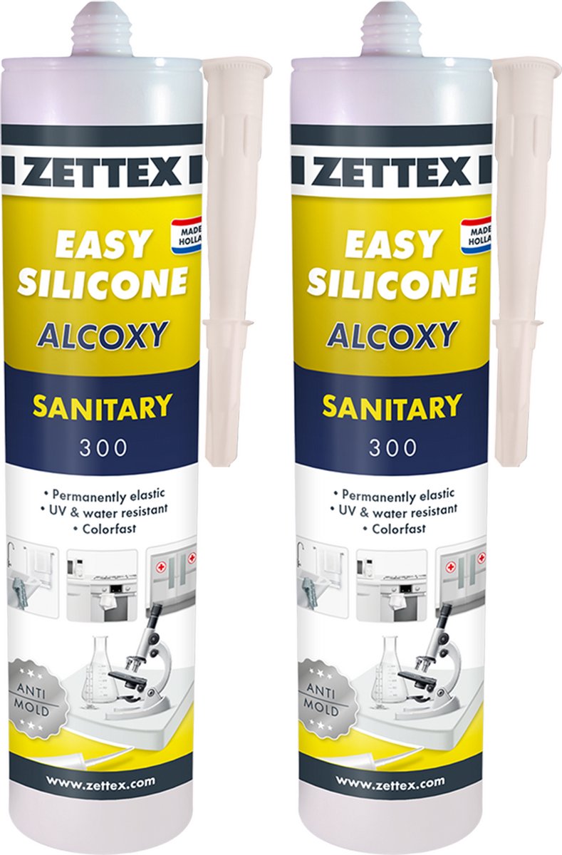 Zettex Easy Siliconenkit S - Sanitairkit voor Badkamer & Keuken - Schimmelbestendig & Elastisch - 310ml - RAL 9001 - 2-PACK