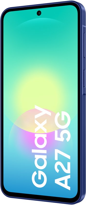 Blauwe Samsung Galaxy A27 5G smartphone, voorkant met 'Galaxy A27 5G' tekst.