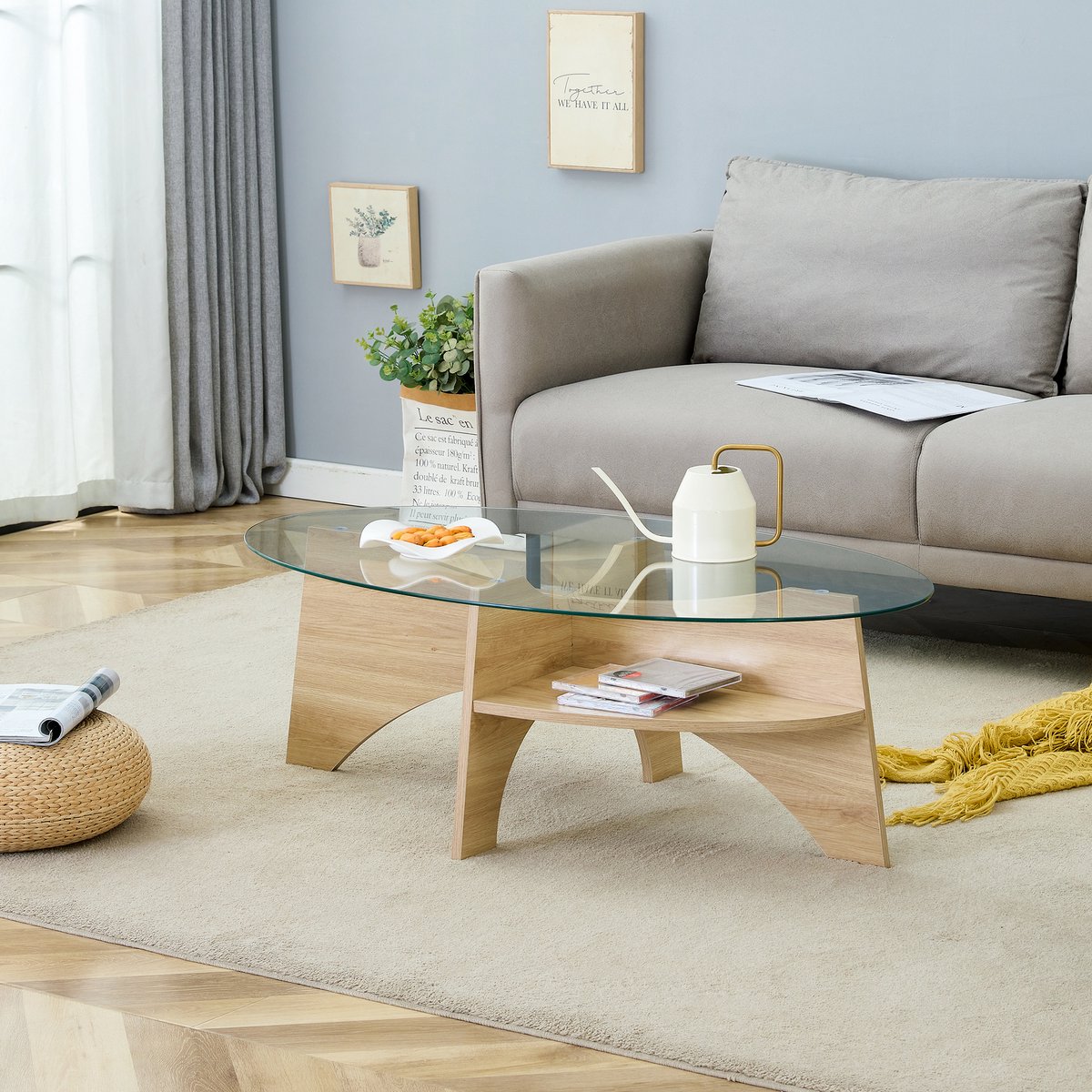 Clruro Salontafel - 104.9 × 60 cm - Ovaal Veilig Glas met Fächer Onderstel en Opbergruimte - Modern Design - Glas MDF - Wit Transparant