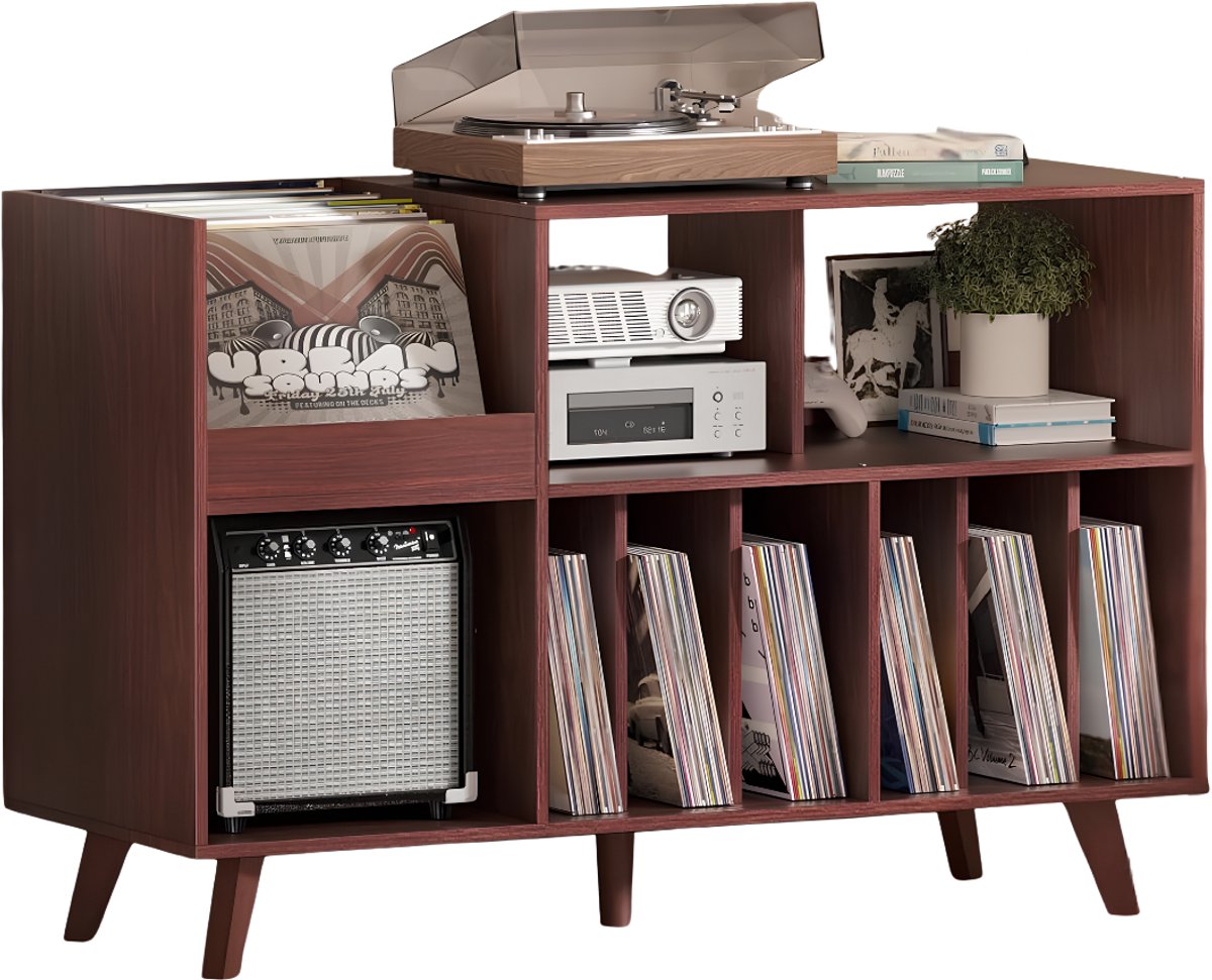 SNJY® Platenspeler Meubel - Platenspeler Kast - LP Houder - Platenhouder - 40D x 120B x 82H cm - Walnoot