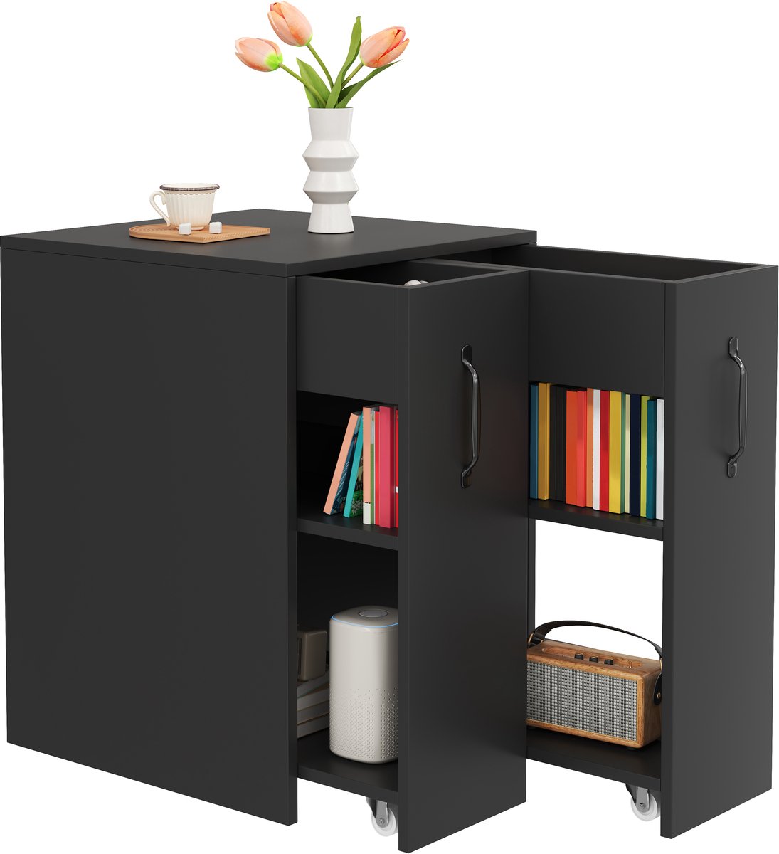 Boekenkast met wieltjes - met planken en lade - aanpasbare configuratie links en rechts - met valbeveiliging - nachtkastje - zwart