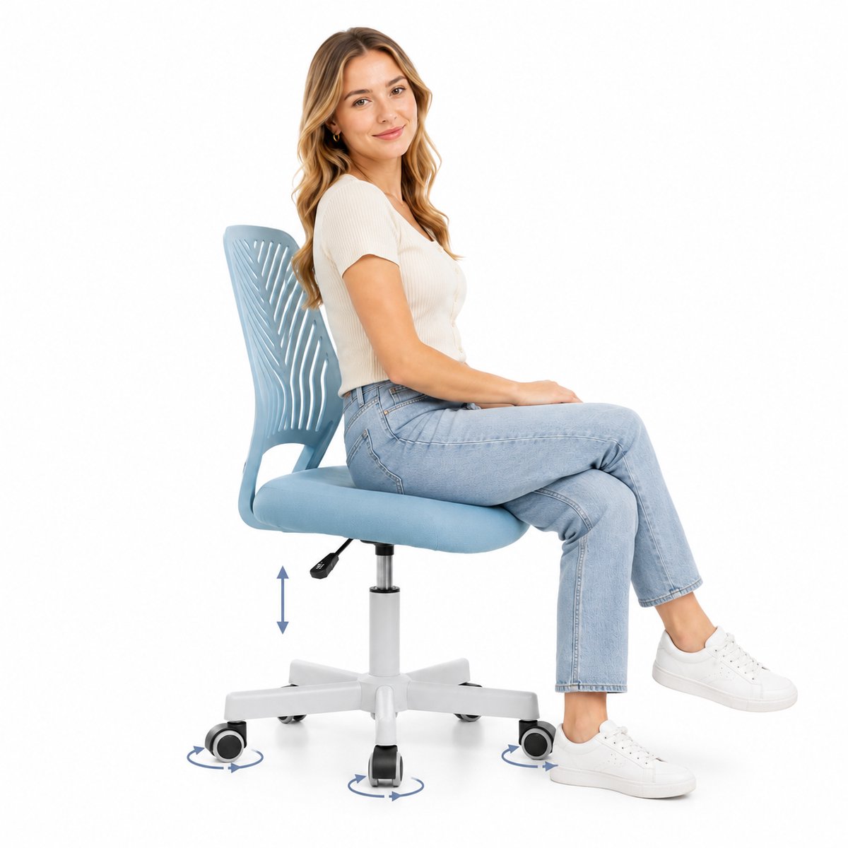 Ergonomische bureaustoel blauw, hoogteverstelbaar, zwenkwielen, stille wielen, lendensteun, voor volwassenen, thuiskantoor/studie/kantoor.