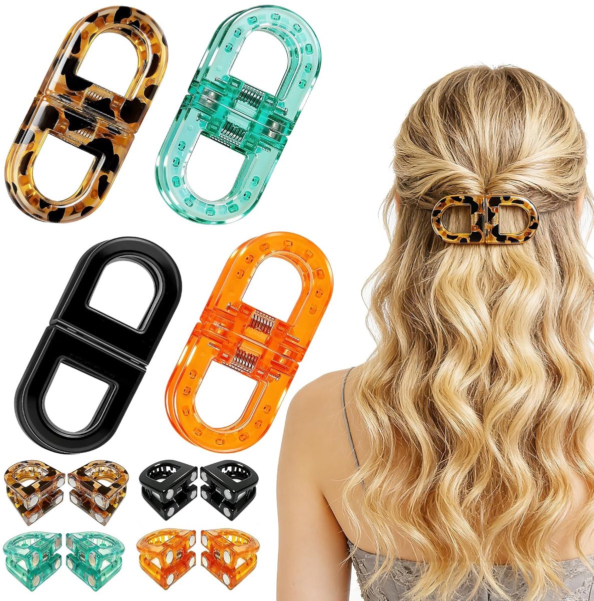 4-delige set magnetische haarclips voor dames - 7,5 × 3 cm - Naadloos 2-in-1 ontwerp - Mini haarclips - Creëer eenvoudig alledaagse kapsels - Zachte verzorging voor alle haartypes - Verkrijgbaar in zwart, oranje, blauw en luipaardprint