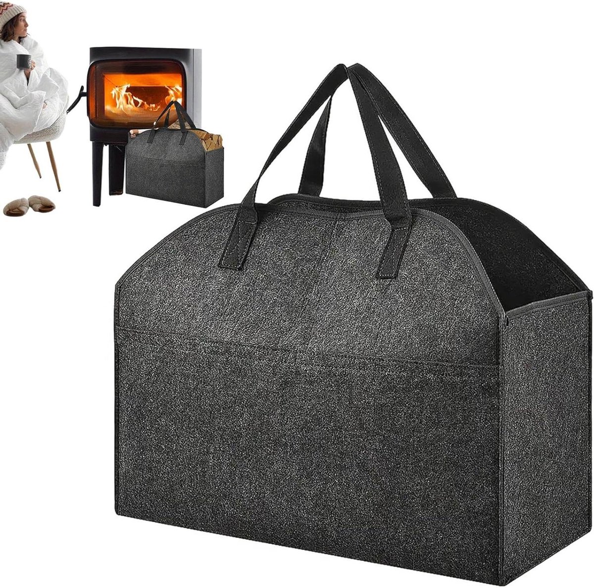 Brandhouten mand - Houtdrager tas - Haardhout opslag - Grote capaciteit - 56 x 25 x 43 cm - Enkele kleur