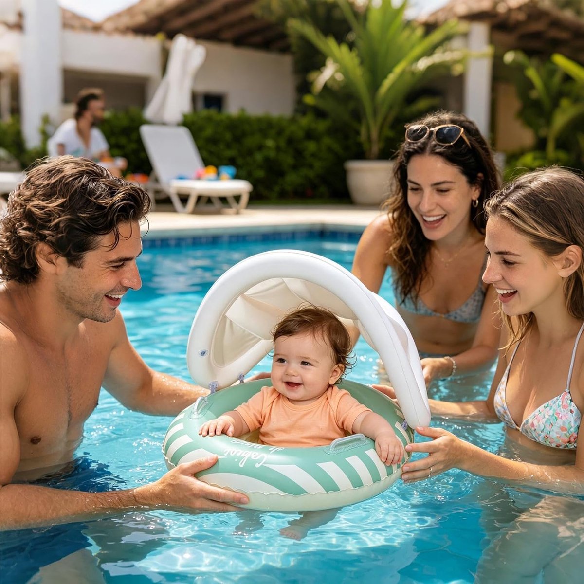 Opblaasbare zwemring - Drijfzitje baby - Waterpret kind - Met zonnekap - 55x52 cm - Groen – foto 3