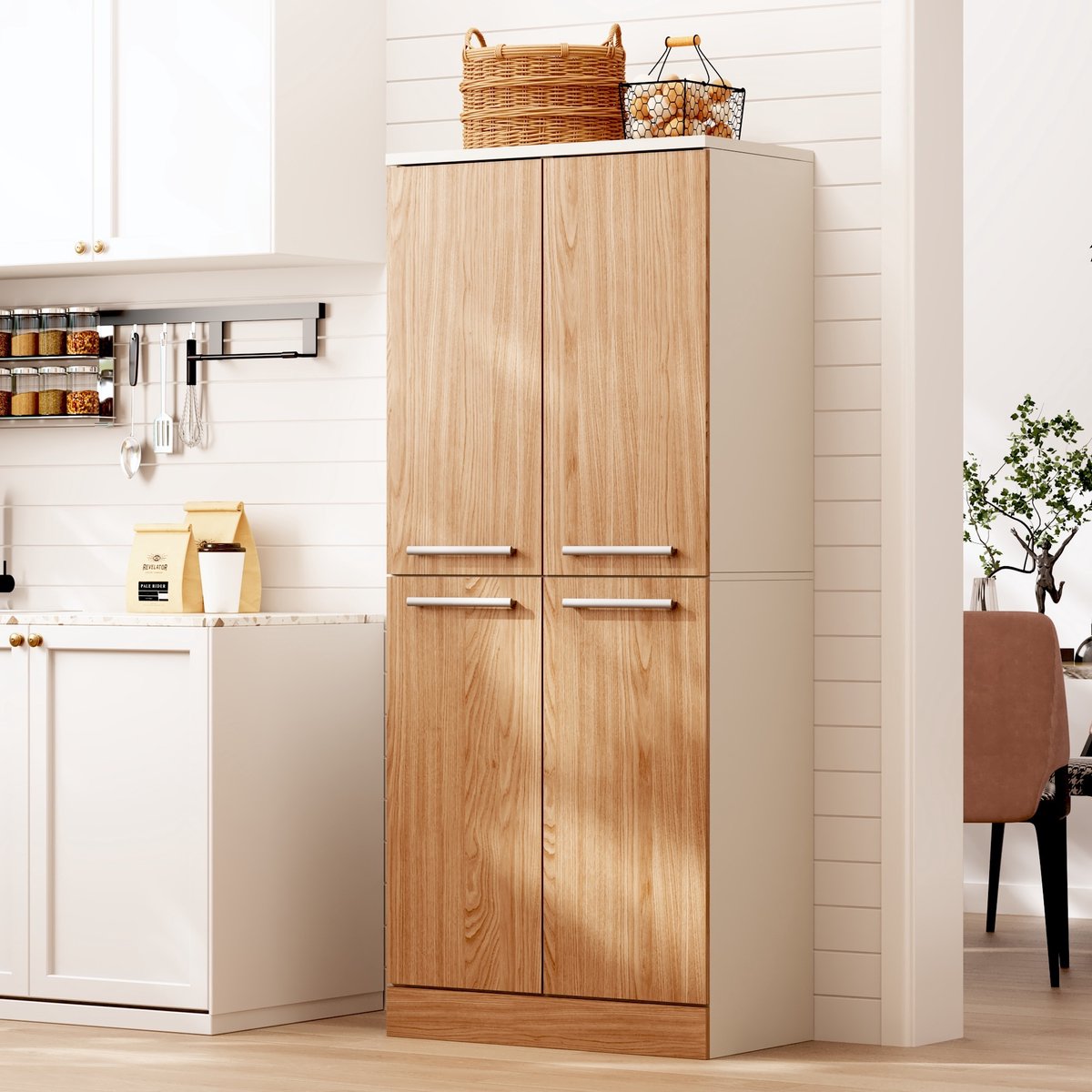 OKWISH Keukenkast Voorraadkast – 76 x 42 x 180 cm – 4 Deuren – Verstelbare Planken – Voor Keuken En Eethoek – MDF Wit Naturel — cadeau in Cadeau-ideeën - foto 4