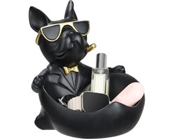 Bulldog decoratiebeeldje met opbergtray Sleutelhouder voor hal Scandinavische woondecoratie Hars hondenbeeldje Snoep- en accessoirehouder Zwart
