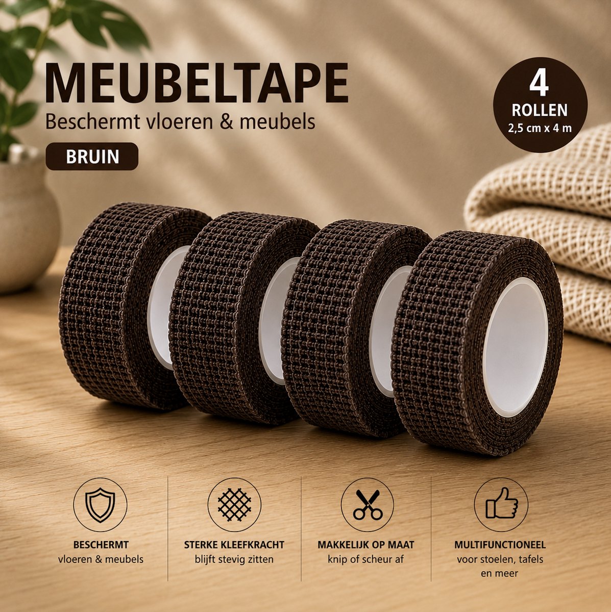 Meubeltape - Bruin - 2,5 cm x 4 m - 4 rollen