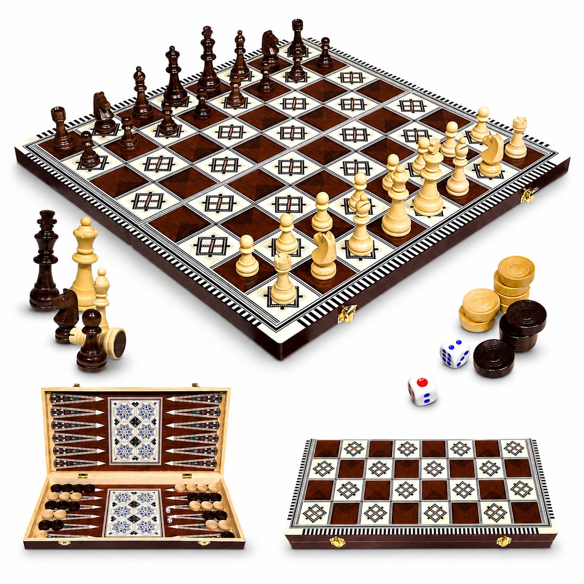 Schaken, Backgammon en Dammen - 3in1 set - 49X49CM - Hout - Opklapbaar bord - Schaakbord - Dambord