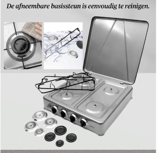 HOMELUX 6,2 kW gasfornuis - 4 branders verschillende maten - Campingkookplaat met deksel - Met slang en 50mbar drukregelaar - Gasfornuis voor buiten - Grijs — afbeelding 4