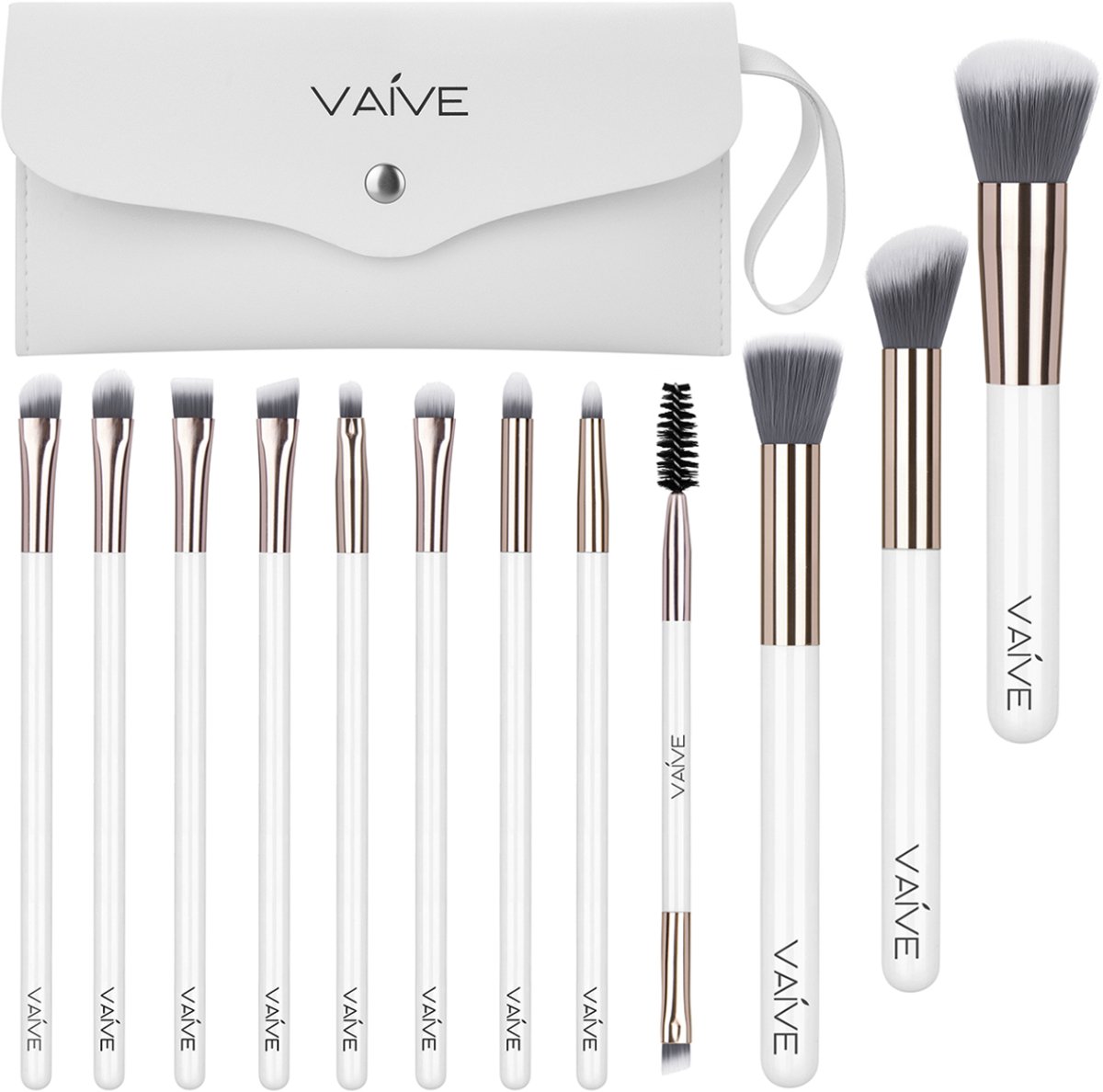 Vaive Make Up Borstels Set 13-Delig - Vegan Kwasten - Foundation, Oogschaduw, Blush, Kabuki & Bronzer Kwast - met Etui - Wit