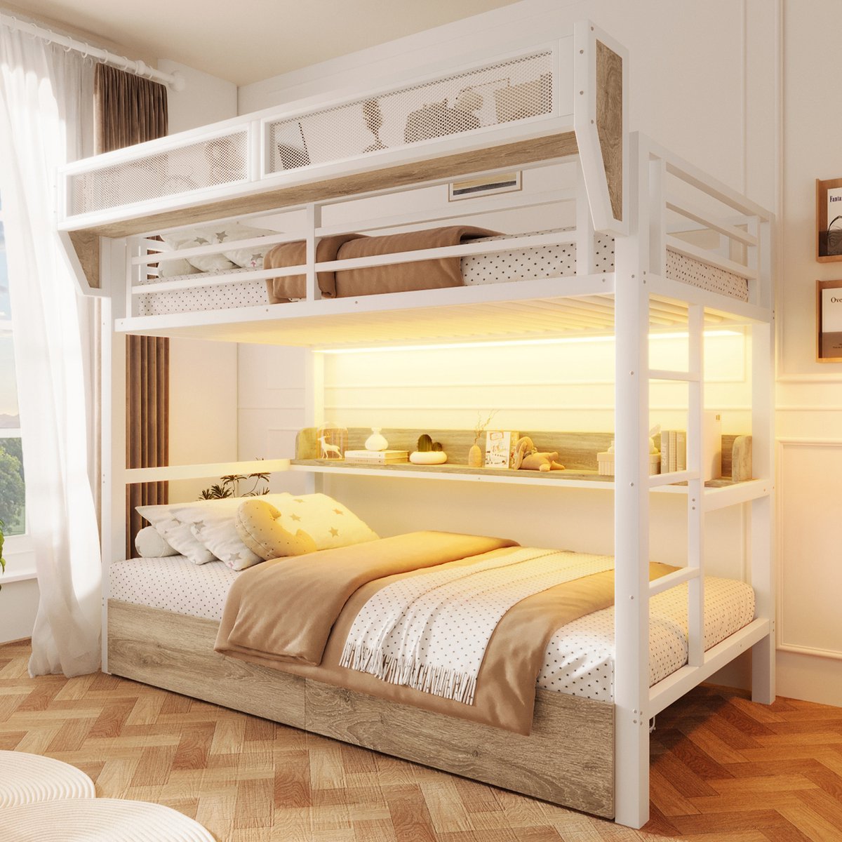Stapelbed 90 x 200 cm, Kinderbed Ijzeren Bedframe, Plank, Opbergmand, 2 Binnenlades, Ledverlichting, Hoogslaper Zonder Matras-Wit