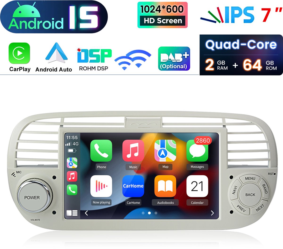 Hexinex Quad-Core autoradio Geschikt voor Fiat 500 (2007-2015) - Draadloos CarPlay, Android Auto, multimediaspeler, 2GB+64GB, Wit