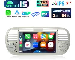 HexinexMarket Quad-Core autoradio Geschikt voor Fiat 500 (2007-2015) - Draadloos CarPlay, Android Auto, GPS Navi, multimediaspeler, 2GB+64GB, Wit